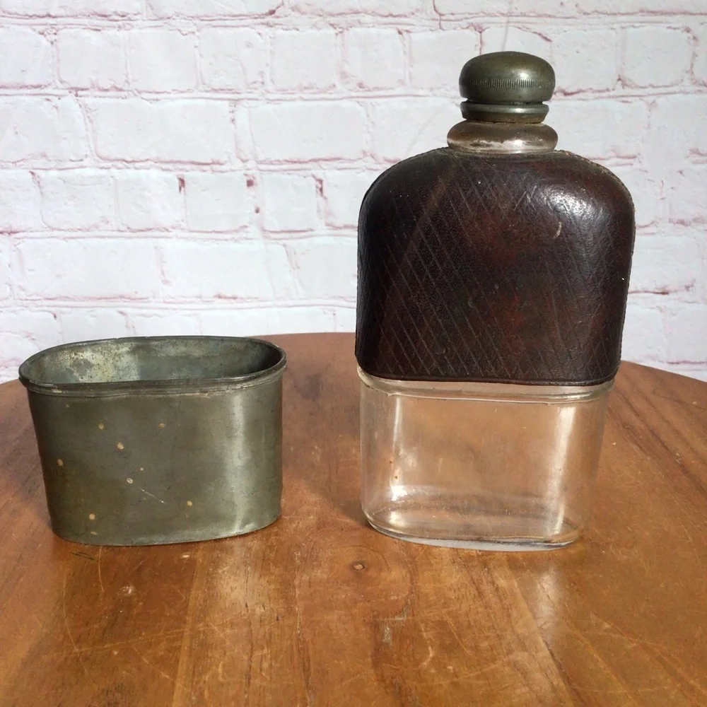 Antique 1860’s Civil War Era Leather Glass Pewter Hip Flask With Removable Cup